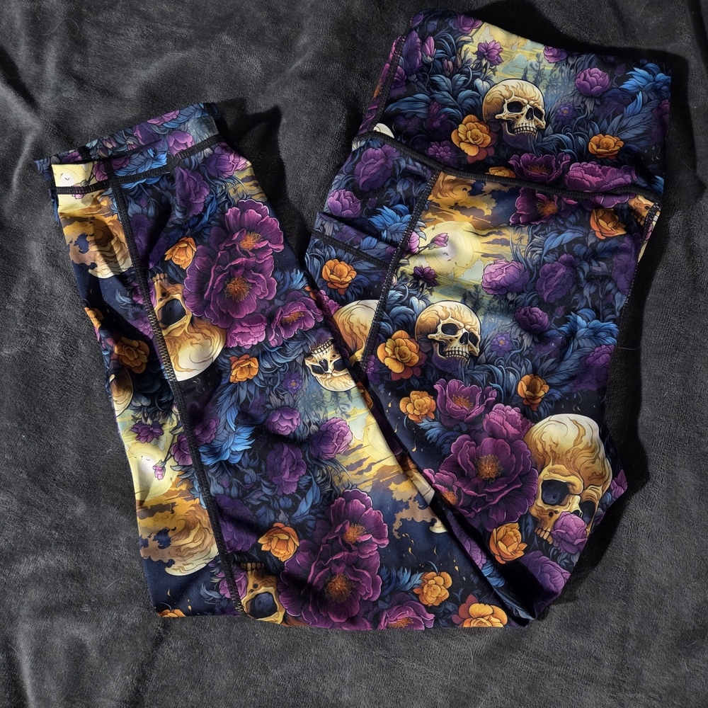Constantly Varied Gear Capri Leggings with Skull and Floral Design